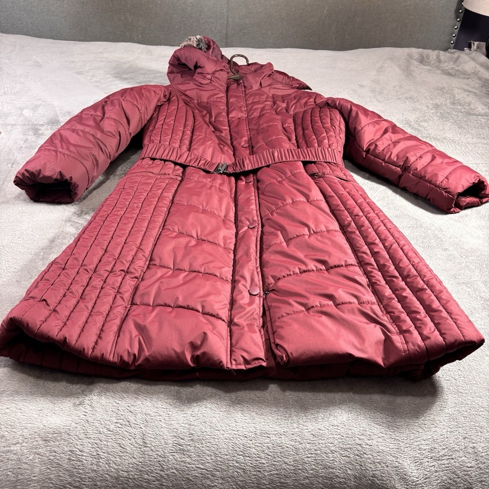 Sporto Womens Burgundy Quilted Puffer Belted Hooded Winter Coat Jacket 1X